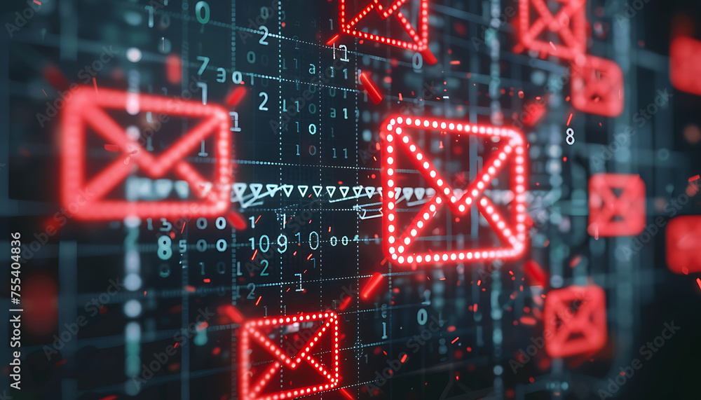 Poster threat alert, inbox brimming with spam, each marked for caution