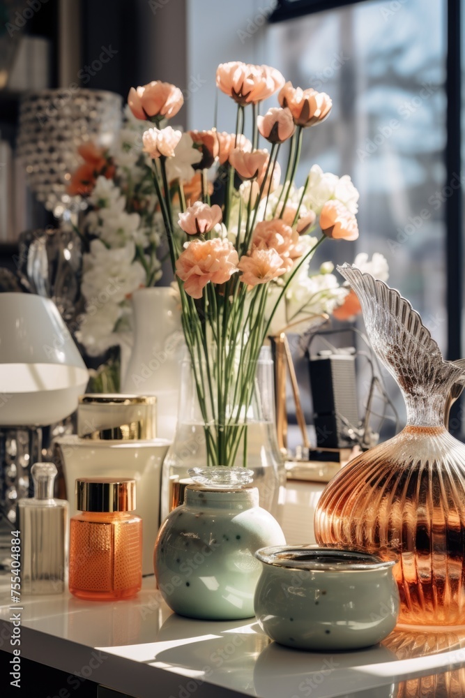 Poster a table topped with vases filled with flowers. suitable for home decor or event planning