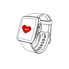 Smart watch line icon vector illustration. Hand drawn outline wearable wrist watch bracelet with wristband and tracker monitoring quality of sleep and relax, heartbeats during sports training.