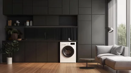 Fotobehang High-end Chinese designer living room with an integrated white washing machine in a pure black cabinet © Gimhae