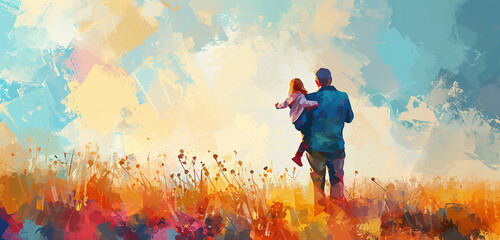 Watercolor illustration of dad and his kid. Copy space for text. Father's day concept - obrazy, fototapety, plakaty