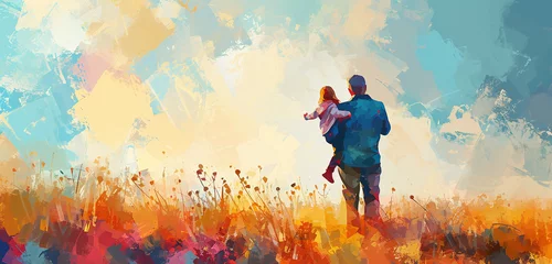 Fotobehang Watercolor illustration of dad and his kid. Copy space for text. Father's day concept © izzuan