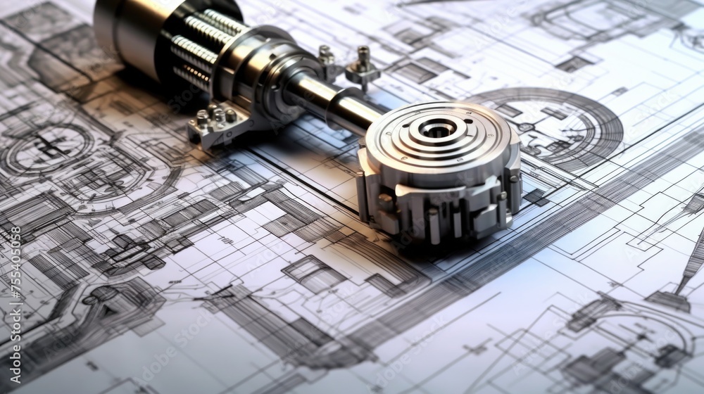 Poster detailed view of mechanical device on blueprint, perfect for engineering projects