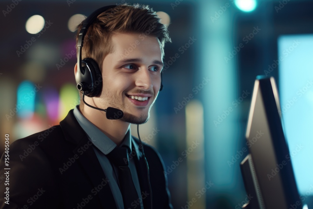 Poster A man wearing a headset while using a computer. Suitable for technology concepts