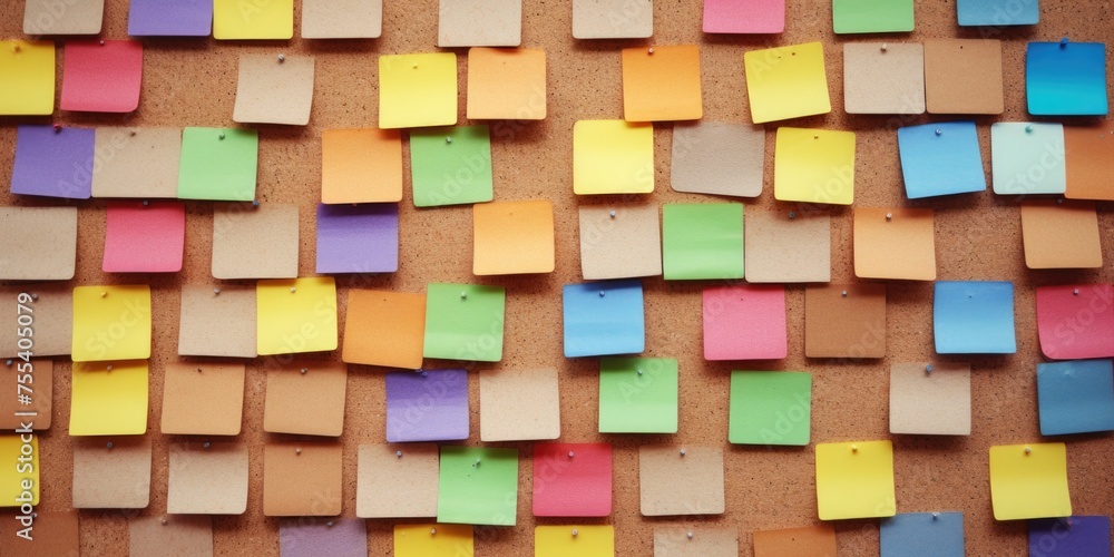 Poster colorful post it notes on cork board, ideal for office and organization concepts