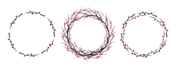 Watercolor hand drawn spring blossoms brunch of sakura, cherry, pussy willow tree with buds and flowers, wreath round template set. Botanical clipart Isolated illustration on white background  © Bartol_art