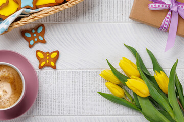 Easter Gingerbread Cookies, Yellow Tulips, and Coffee Cup