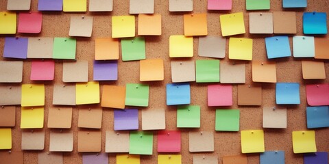Colorful post it notes on cork board, ideal for office and organization concepts