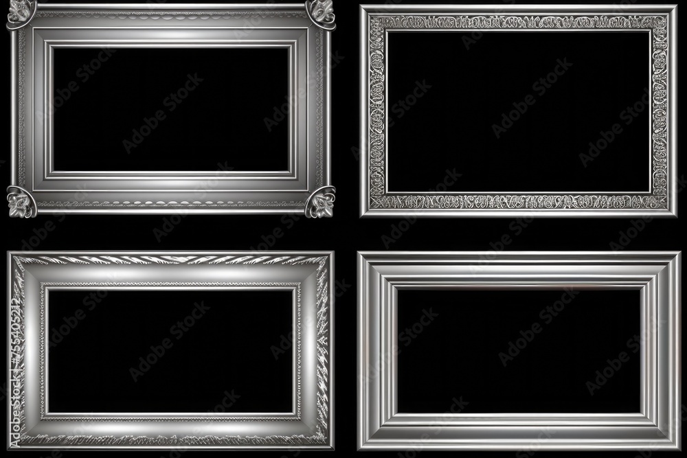 Poster Four elegant silver picture frames displayed on a sleek black background. Ideal for showcasing memories or artwork