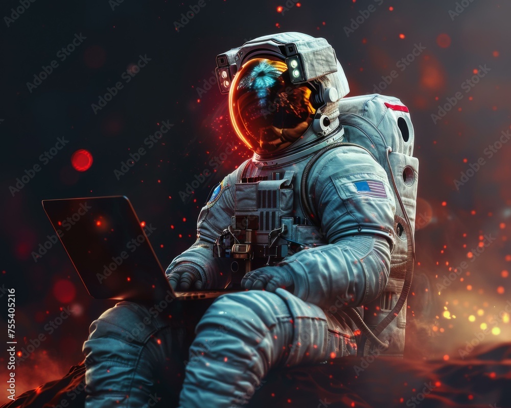 Poster an astronaut sitting on a rock with a laptop computer. generative ai.