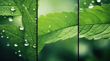 Close-up of a green leaf covered in water droplets. Suitable for nature and environmental themes