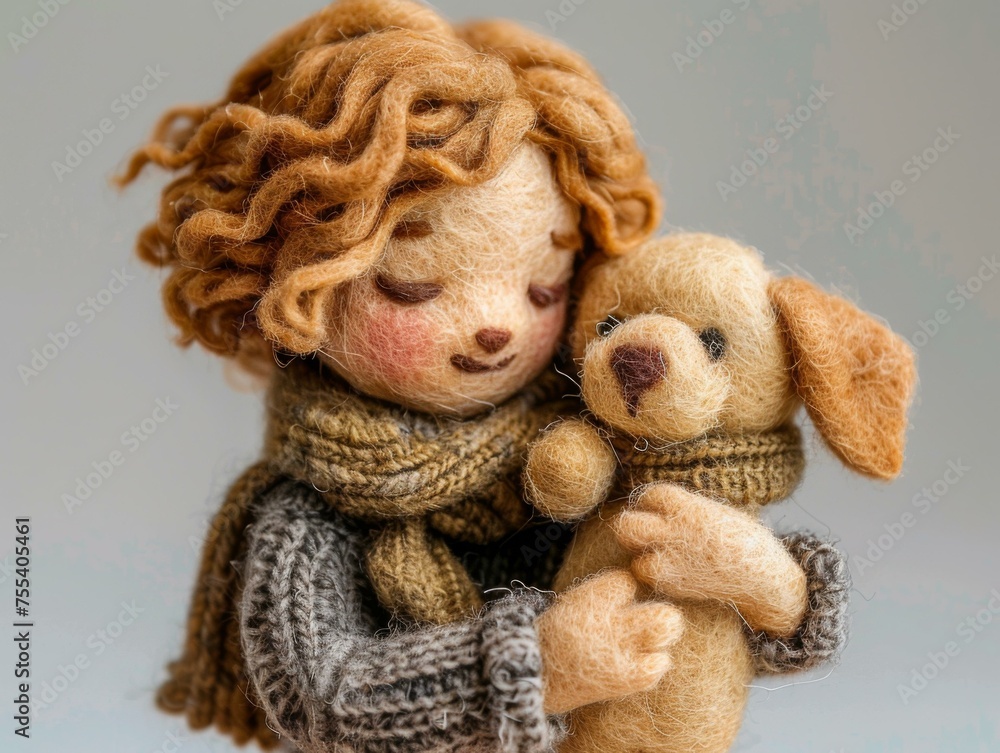 Canvas Prints A small doll holding a stuffed animal in her arms. Generative AI.