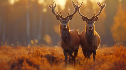 Plexiglas foto achterwand Red deer bucks in velvet in  captive enviornmen, generative ai © Neelam