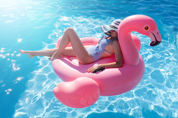 Woman in Bikini on Inflatable Flamingo - 755405450