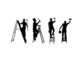House painter silhouette. Builder silhouettes, Painter painting SVG, Worker icon bundle. Painter workers on ladder silhouette on isolated white background.
