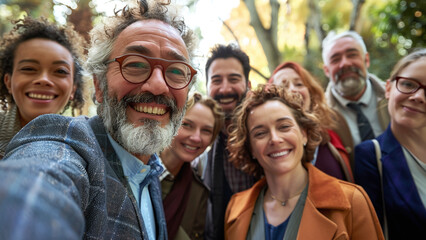 Business People Capture Conference Memories with Group Selfie