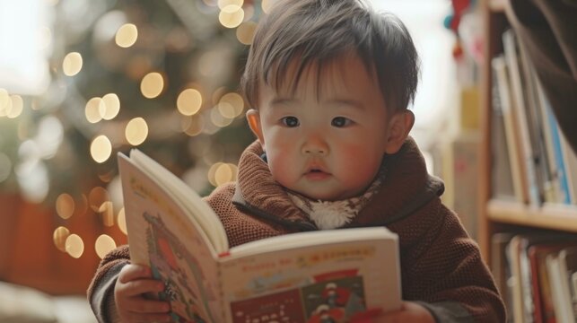 A young child is reading a book in front of a christmas tree. Generative AI.