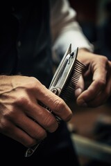 Close up of a person holding a comb and scissors, suitable for beauty and hairdressing concepts