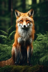 Fototapeta premium A red fox perched on a tree stump, perfect for nature themes