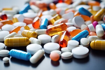 Various pills arranged on a table, suitable for medical and healthcare concepts