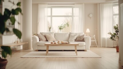 Fototapeta na wymiar Modern living room with stylish white couch, perfect for interior design concepts