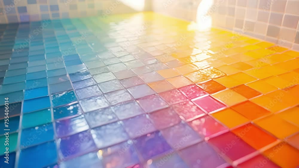 Poster a closeup shot of a handlaid mosaic tile floor in a vibrant color gradient creating a visually stunn