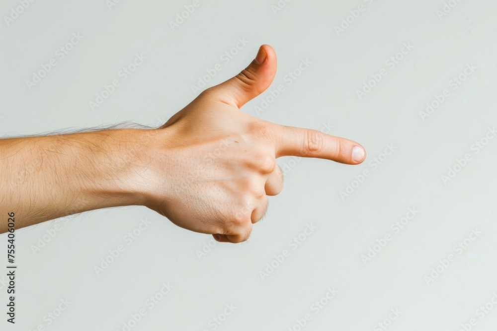 Poster a hand pointing at something on a white background. generative ai.