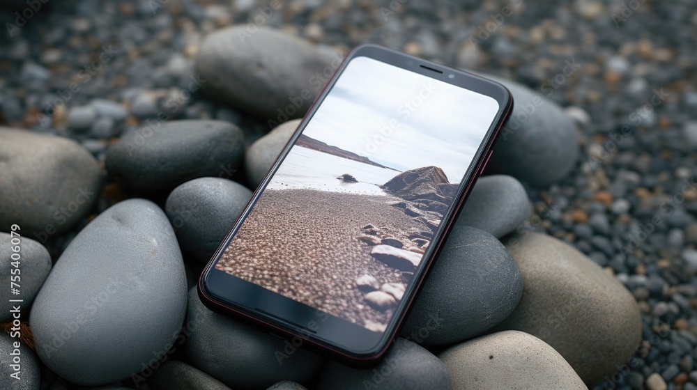 Poster a cell phone resting on top of a pile of rocks. suitable for technology concepts