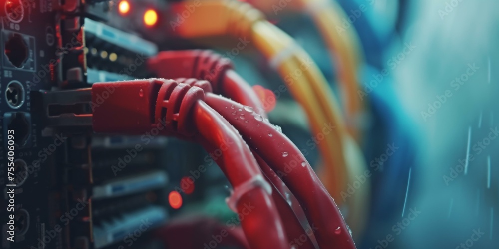 Poster a close up of a network cable with many colored wires. generative ai.