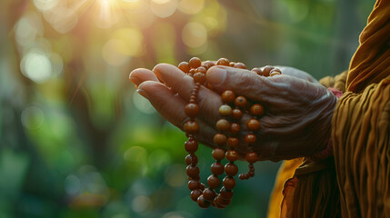 chanting mantra to the lord Buddha with buddhist style rosary beads in hand, Hand holding a buddha chant, Hand holding Buddhist beads chanting mantra, Generative Ai - obrazy, fototapety, plakaty