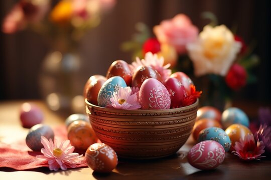 Close up of colorful Easter eggs in a basket. Happy easter