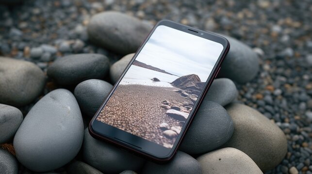 A cell phone resting on top of a pile of rocks. Suitable for technology concepts