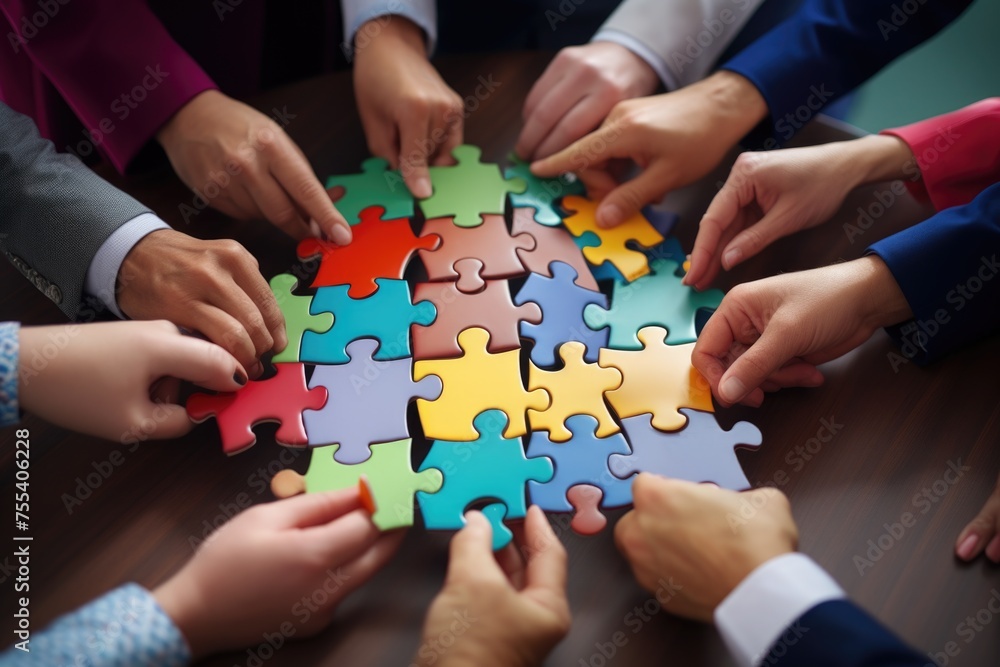 Aufkleber Group of people working together on a puzzle. Suitable for team building concepts