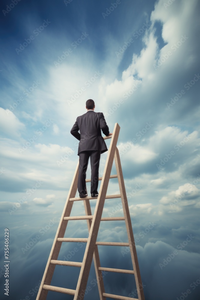 Poster a man in a suit standing on a ladder. suitable for business concepts