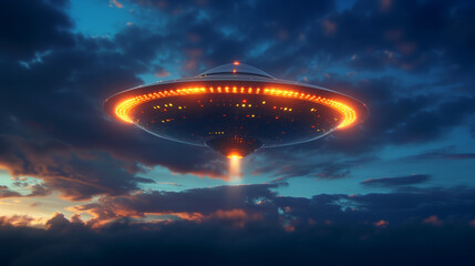 Fototapeta na wymiar UFO Spaceship Emitting Light Over Cloudy Sky, Sci-Fi Extraterrestrial Encounter Concept