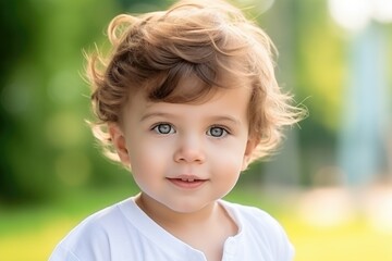 A little girl with striking blue eyes wearing a white shirt. Suitable for various uses