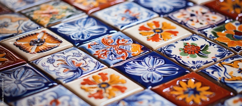 Poster a detailed view of numerous differently colored ceramic tiles. each tile showcases unique patterns a
