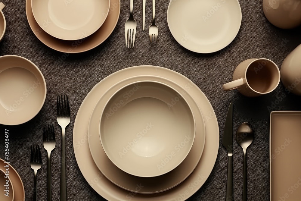Poster A simple setup of white plates and silverware on a table. Ideal for food and dining concepts