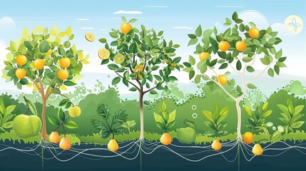 Illustration of photosynthesis process in fruit trees - obrazy, fototapety, plakaty