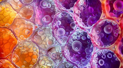 Microscopic close-up of fruit cells vibrant colors