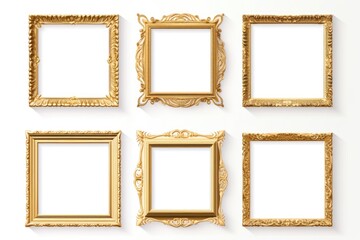 Set of four elegant gold picture frames on a clean white wall. Perfect for interior design projects
