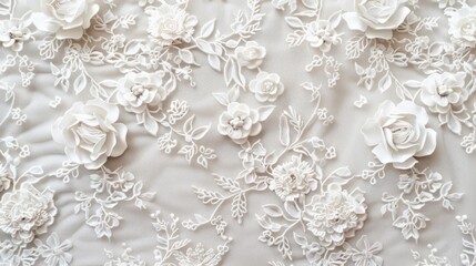 White Floral Guipure Lace Fabric on white background.