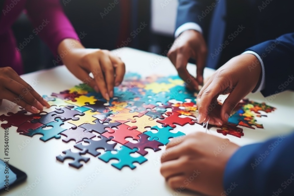 Poster a group of people working together to solve a puzzle. ideal for team building concepts