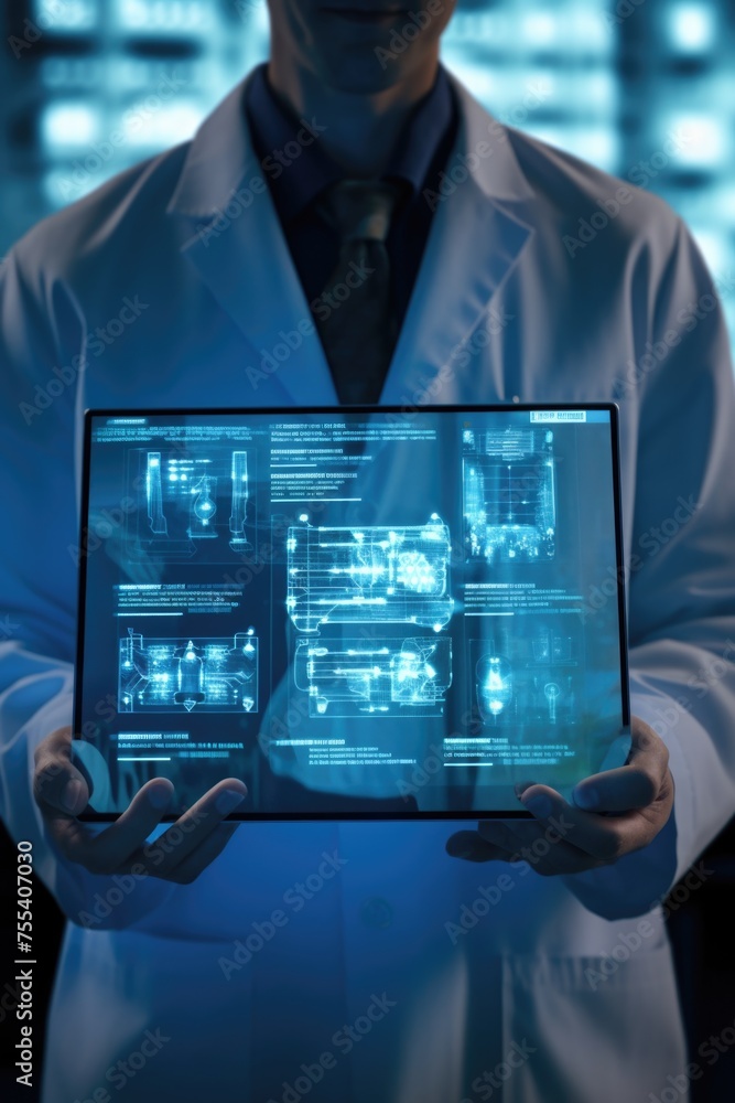 Poster a man in a lab coat holding a tablet computer. perfect for scientific and technology concepts