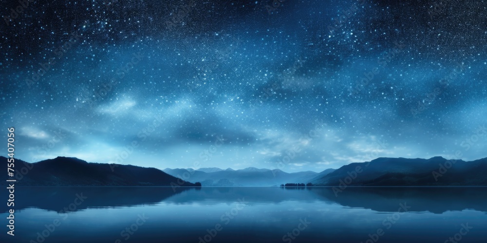 Poster a serene image of a boat floating on a lake under a starry night sky. suitable for travel and nature
