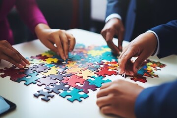 A group of people working together to solve a puzzle. Ideal for team building concepts