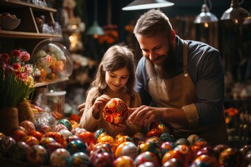 Fototapeta premium Happy family preparing for Easter. Happy easter