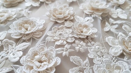 White Floral Guipure Lace Fabric on white background.
