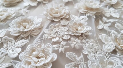 White Floral Guipure Lace Fabric on white background.