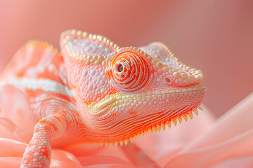 A closeup shot of a pink chameleon, a type of iguania lizard, perched on a pink flower. This macro photography showcases the beauty of this terrestrial animal in its natural habitat